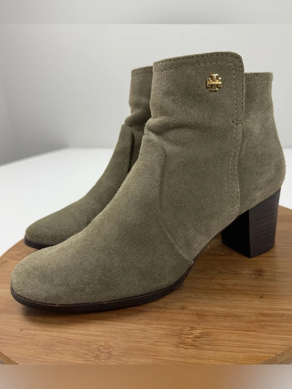 Tory Burch Sabe Olive Green Suede Block Heel Ankle Boots